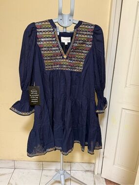 Pomander Place Navy Embroidered Boho Yoke Tunic